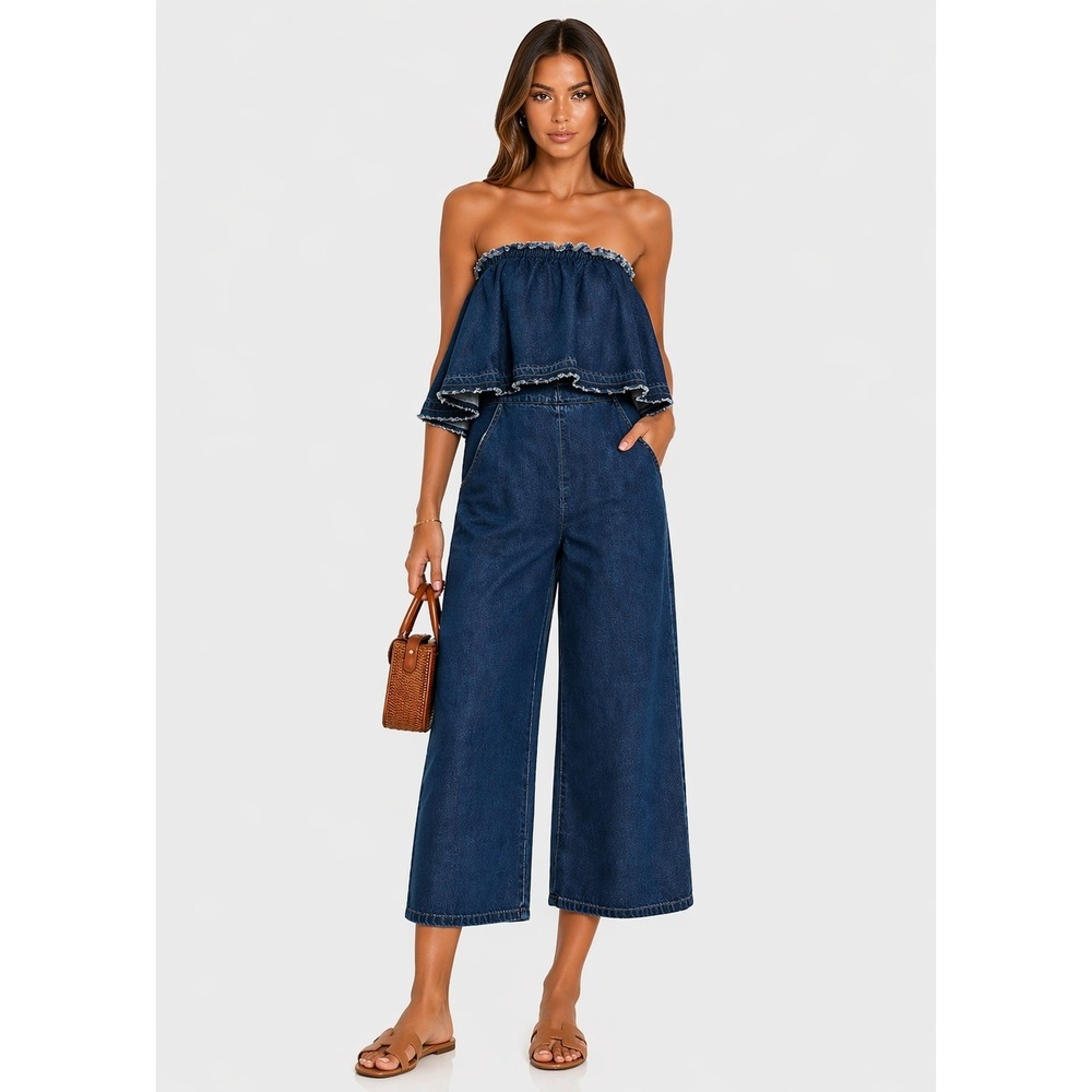 NWOT JOA Anthropologie Denim Tiered Strapless Wide Leg Jumpsuit Blue S New